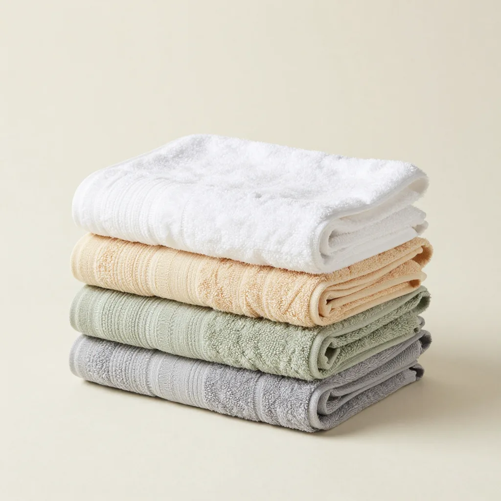 Four Egyptian cotton hand towels in different colours stacked