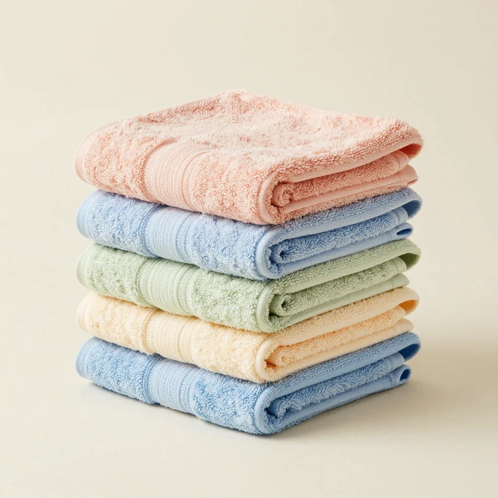 Six Egyptian cotton hand towels in mixed colours stacked